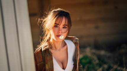 Outdoor lifestyle portrait photo, Natural sunlight female pose, Casual fashion styling, Soft background bokeh, Warm cinematic tones, Authentic lifestyle mood