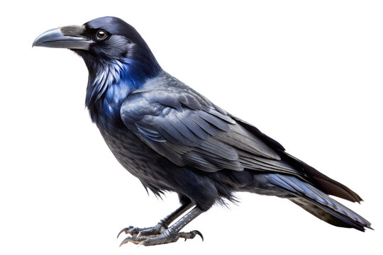 Majestic black crow standing with dark feathers and sharp beak, isolated on transparent background