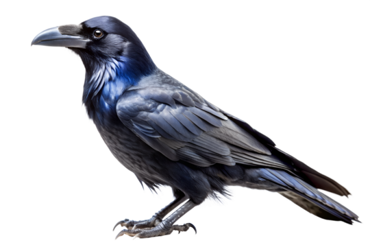 Majestic black crow standing with dark feathers and sharp beak, isolated on transparent background