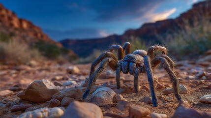 Tarantula spider in a desert landscape during twilight with red rocks in the background