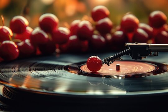 A vibrant red cherry replaces the stylus on a spinning vinyl record. Blurred background cherries uniquely blend music with nature's sweet fruit.