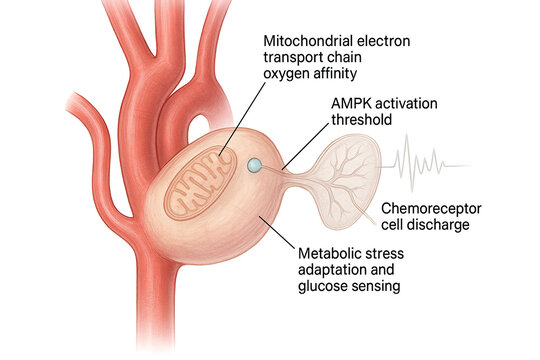 Scientific illustration of a carotid body chemoreceptor showing mitochondrion, AMPK activation threshold, metabolic stress adaptation, glucose sensing, and chemoreceptor cell discharge.