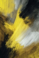 Abstract painting featuring dynamic brushstrokes of yellow, gray, and black