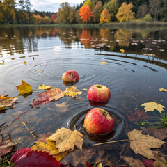 apples floating in a serene, reflective pond surrounded by autumn leaves and trees with colorful foliage. The scene is tranquil and picturesque, capturing the essence of fall.