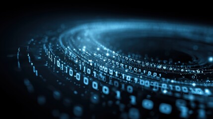 Abstract representation of swirling data streams with glowing binary numbers in a mesmerizing spiral pattern, symbolizing technology and information flow