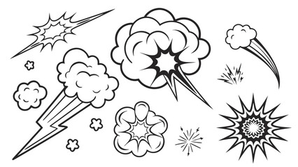 Hand Drawn Comic Style Explosion Effects and Doodle Elements Including Smoke Clouds, Lightning, Starbursts, and Speed Lines on White Background