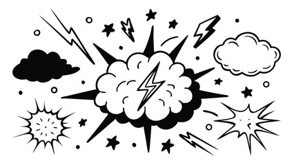 Hand Drawn Comic Style Explosion Effects and Doodle Elements Including Smoke Clouds, Lightning, Starbursts, and Speed Lines on White Background