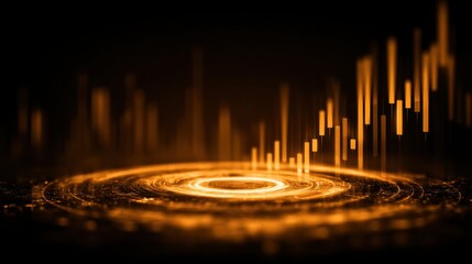 Abstract Digital Visualization of Financial Data with Golden Circles and Rising Bars on Dark Background for Investment and Technology Concepts