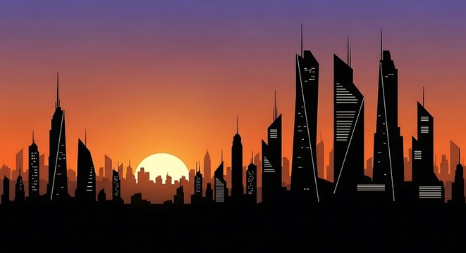 Futuristic City Skyline Silhouette at Sunset with Vibrant Orange and Purple Sky.