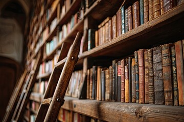 Wooden bookshelves filled with antique books, a ladder leaning against them
