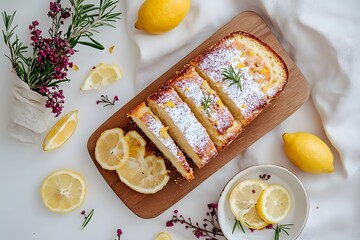 Classic lemon pound cake photo, Sugar glazed loaf slices, Rustic wooden board scene, Bright airy background, Minimal food styling, Copy space composition