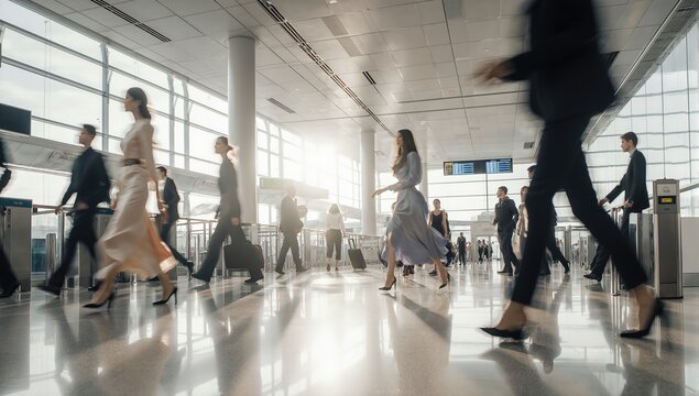 Busy Transit Terminal with Commuters in Motion