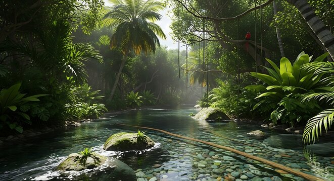Lush Jungle River Scene - Sunlight Streaming Through Canopy.