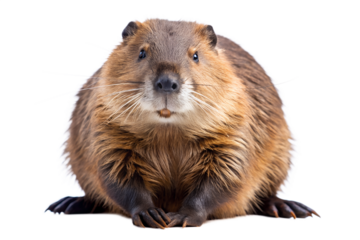 Closeup portrait of a beaver isolated on transparent background showing detailed fur texture and facial features