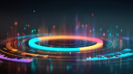Colorful abstract circular wave with glowing lines and digital elements in a futuristic background for technology and music visualization concepts