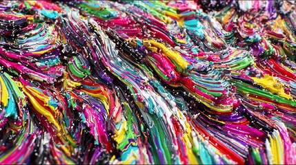 Vibrant colorful acrylic paint texture with dynamic lines and white accents creating a visually