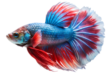 Vibrant blue and red siamese fighting fish with flowing fins isolated on transparent background