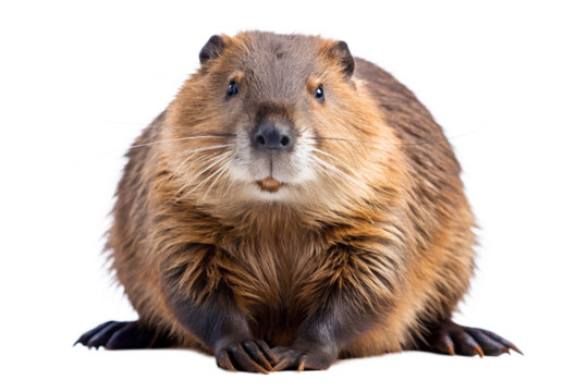 Closeup portrait of a beaver isolated on transparent background showing detailed fur texture and facial features