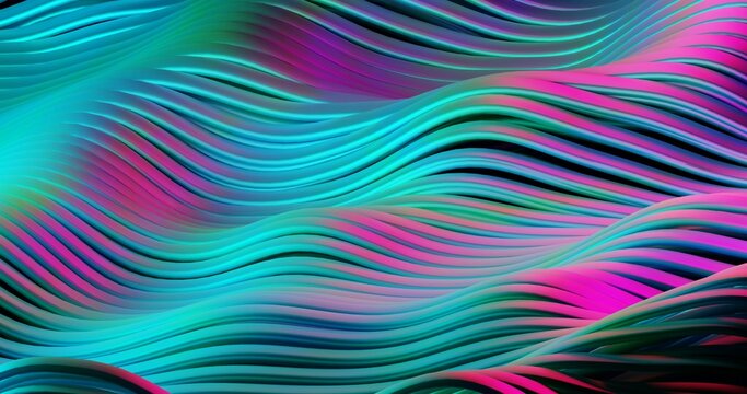 Fundo abstrato 3D com faixas onduladas e gradientes neon em tons de ciano, magenta e roxo, criando sensa&ccedil;&atilde;o de movimento e profundidade. Visual moderno