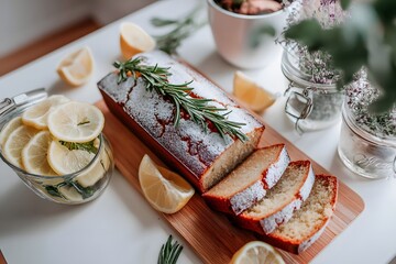 Rustic lemon loaf cake photo, Fresh citrus dessert slices, Minimal wooden board styling, Bright natural light background, Cozy kitchen mood, Clean copy space