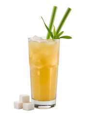 Tall glass of yellow beverage with ice and green garnish isolated on a transparent background