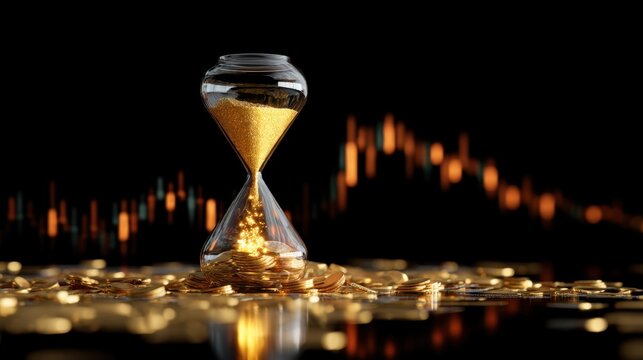 Hourglass with golden sands and coins on a reflective surface, symbolizing time, wealth, prosperity, and financial growth against a dark background.