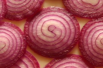 Red onion slices pattern, abstract vegetable arrangement, top view texture, natural symmetry, vibrant magenta color, soft lighting, minimalistic healthy food background aesthetic