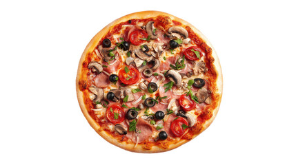 A round pizza topped with ham, mushrooms, olives, tomatoes, and herbs. Isolated on a transparent background.