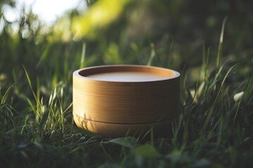 A round bamboo container with a lid rests on lush green grass, bathed in natural sunlight, emphasizing eco-friendly design and outdoor tranquility.