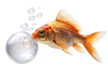 Golden fish blowing bubbles isolated on transparent background with clear water bubbles
