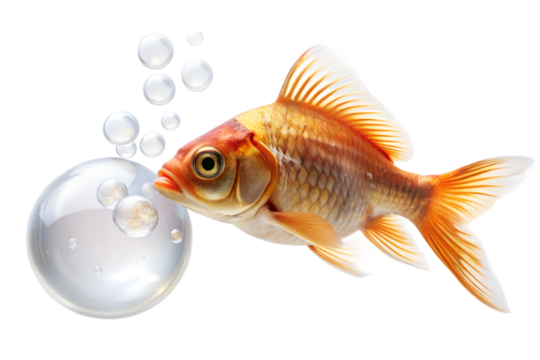 Golden fish blowing bubbles isolated on transparent background with clear water bubbles