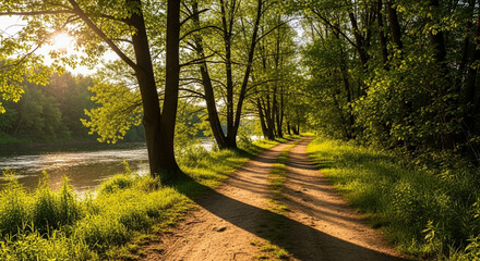 Stunning sunlit path through lush green forest beside tranquil river beckons exploration and adventure in nature's serene beauty
