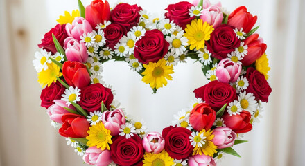 Romantic heart of roses, tulips, and daisies conveys love and Valentine's Day wishes, perfect for anniversaries and heartfelt greetings