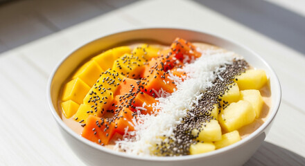 Energizing tropical smoothie bowl with mango, papaya, pineapple, chia seeds, and coconut flakes for a healthy and vibrant start to your day