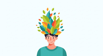 Promote mental wellness with this illustration of a person with leaves in their hair, representing growth, nature, and a positive mindset