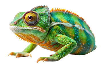 Fototapeta premium Vibrant green chameleon with textured skin and curved tail isolated on transparent background