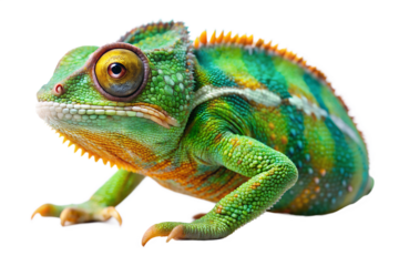 Vibrant green chameleon with textured skin and curved tail isolated on transparent background