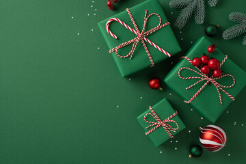 Green gift boxes tied with red and white string sit against a festive backdrop with berries and...