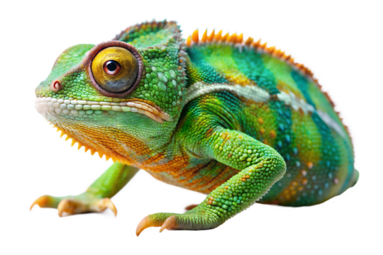 Vibrant green chameleon with textured skin and curved tail isolated on transparent background