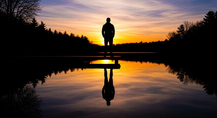 Stunning silhouette of a person standing on a dock at sunset, a moment of reflection and connection with nature's beauty and tranquility