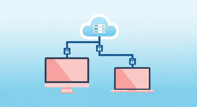 Secure cloud network connecting desktop and laptop computers, safeguarding data transfer with robust encryption for reliable IT infrastructure solutions