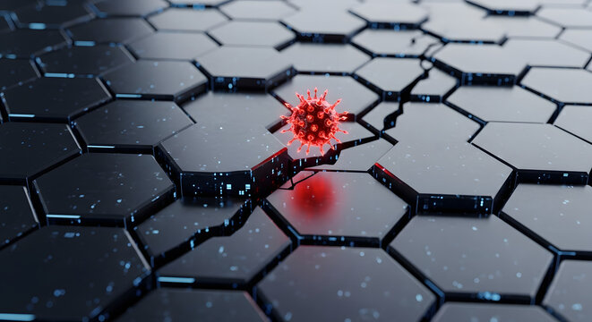 Visualize viral threat with a striking 3D rendering of a pathogen on a futuristic surface, ideal for medical research, pandemic awareness, and scientific visualizations, conveying urgency and impact
