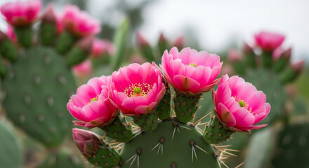 Delicate pink cactus flowers blooming brightly against green pads, a stunning desert bloom perfect for spring nature designs and vibrant botanical art