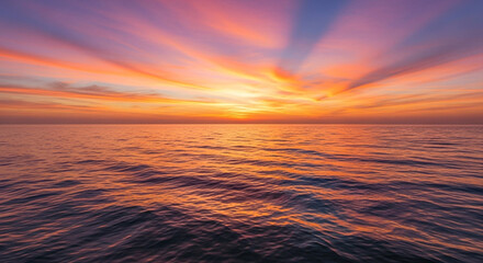 Stunning sunset over the ocean creating a peaceful and serene atmosphere, a perfect backdrop for travel, relaxation, or reflective mindfulness moments