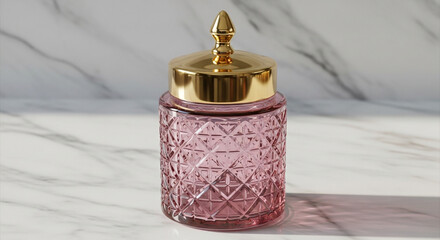 Elegant pink glass jar with golden lid, perfect for luxury beauty products, stylish storage, or upscale home decor accents on a marble surface