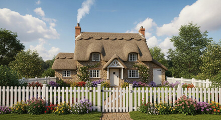 Dreamy English countryside cottage with thatched roof and colorful flower garden, perfect for travel brochures or real estate marketing, evokes peaceful charm