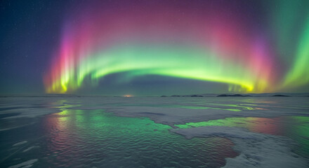 Stunning aurora borealis dancing across the arctic sky reflecting on icy water, creating a magical and breathtaking winter scene