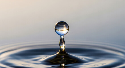Stunning water droplet creating ripples with captivating reflections and sparkling light, perfect for clean energy or nature concepts