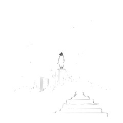 A lone figure stands atop a minimalist cityscape viewed from a staircase in black and white outline style