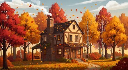 Obraz premium Cozy Autumn Cottage Surrounded by Vibrant Fall Foliage and Falling Leaves.